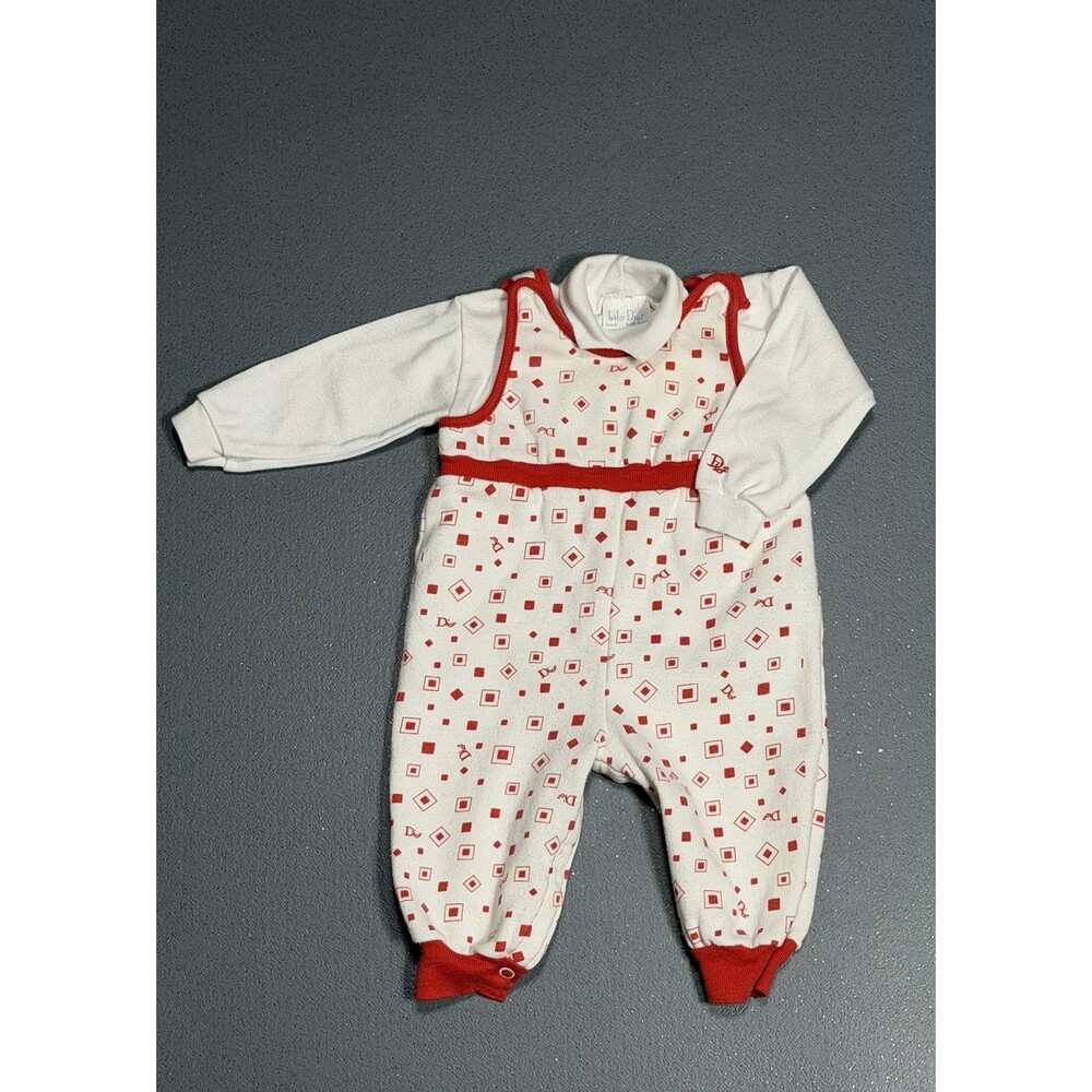 Vintage Baby Dior Paris New York Made In USA 2pc Romper Set Red White Terry